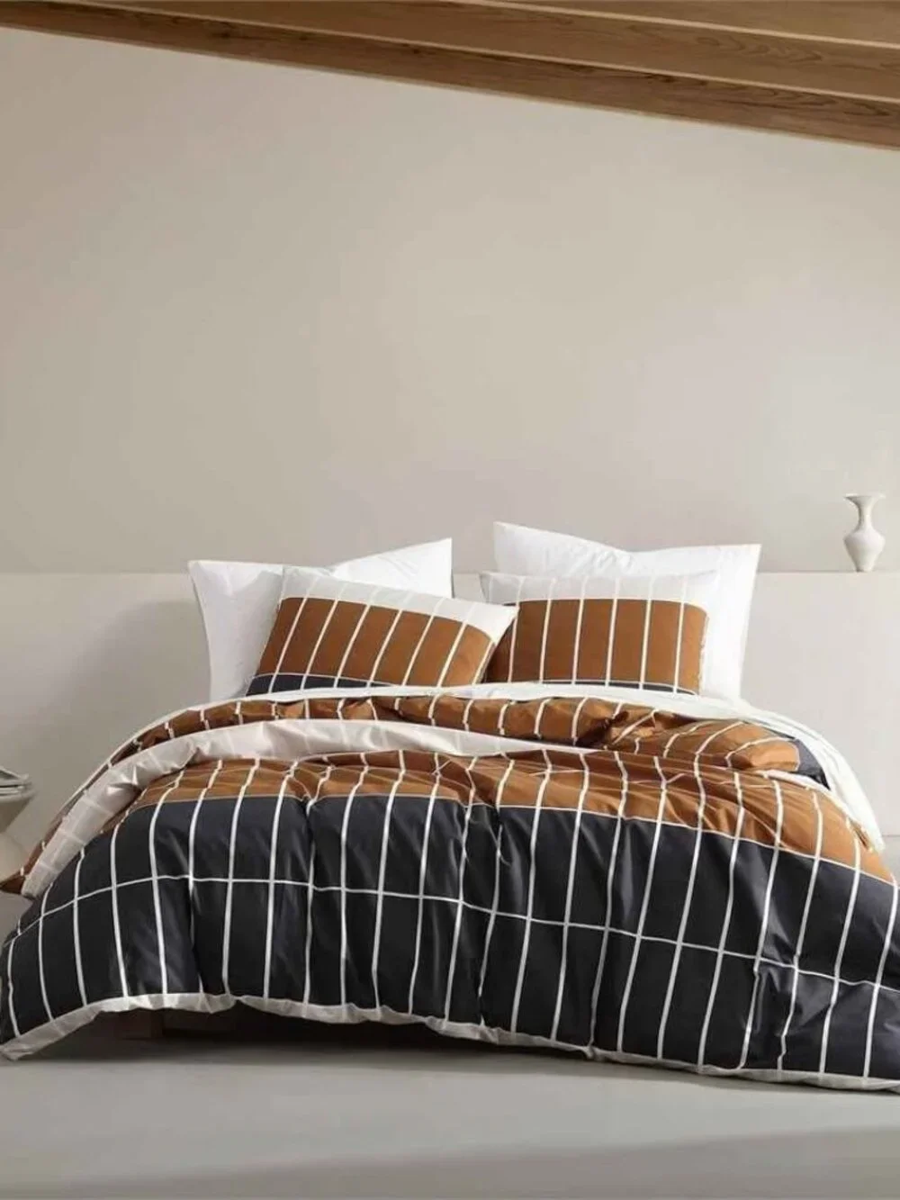 Marimekko Tiiliskivi Raita Brown/Navy KING 3 PCS Duvet Cover/Sham Set. $467